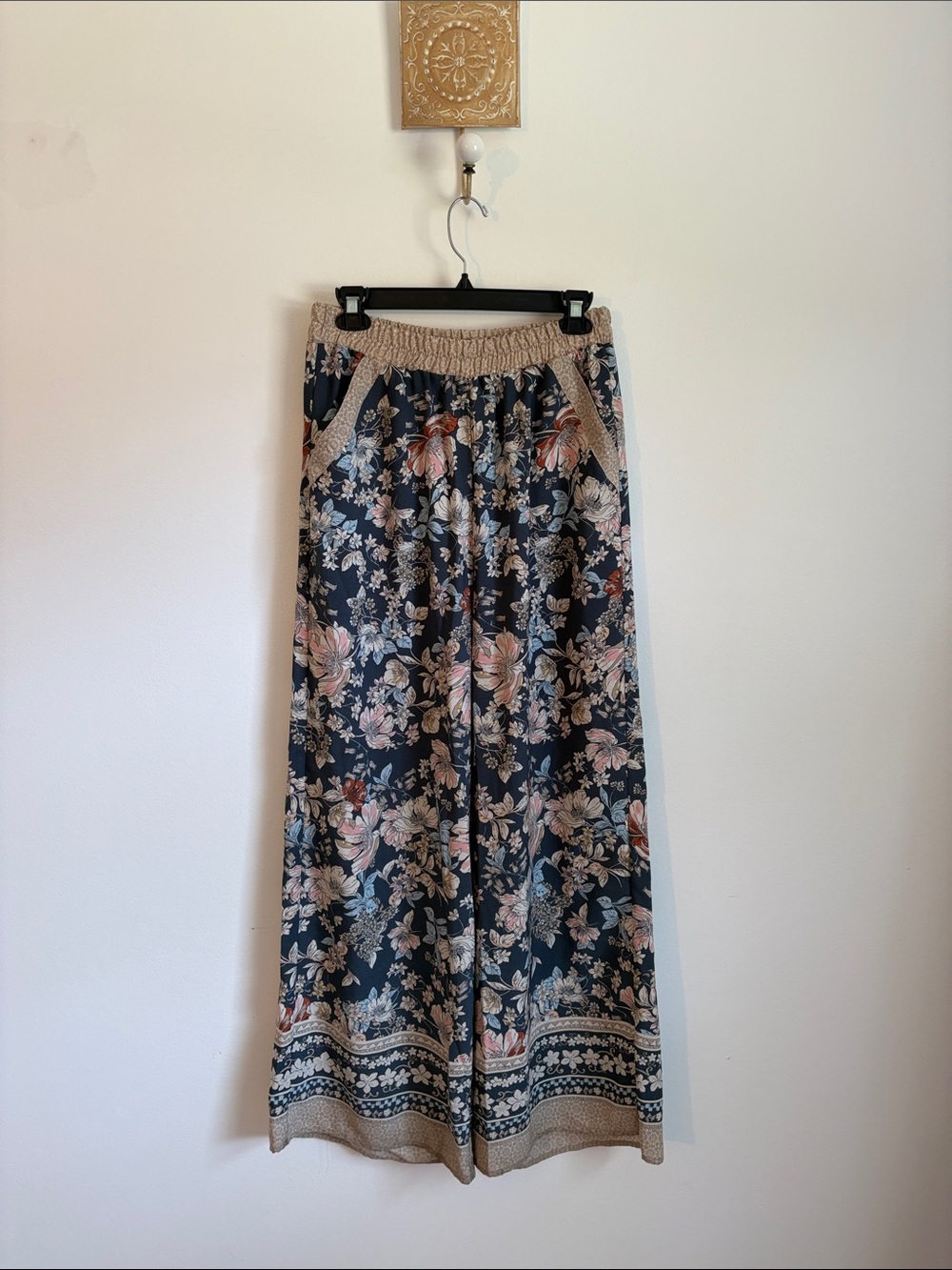 Sienna Sky Navy Floral Wide-Leg Maxi Pants with Blush Accents